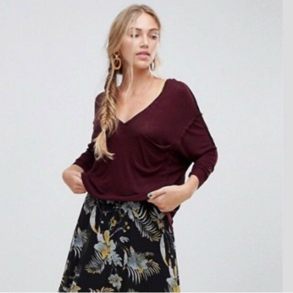 Free People | V Neck Burgundy Smooth Material Long Sleeve